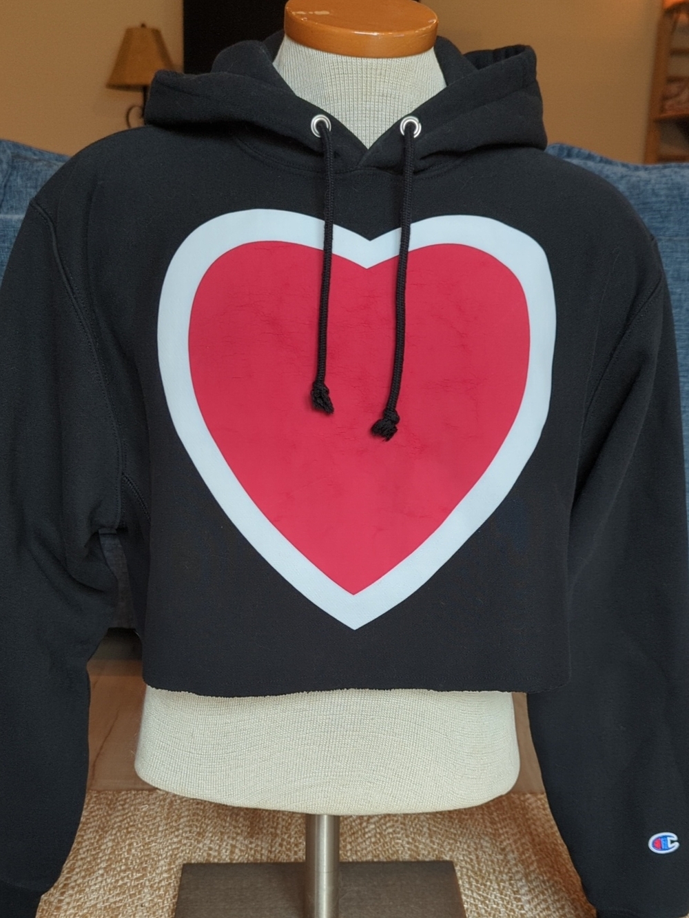 Champion Black Cropped Hoodie with Red Heart Graphic